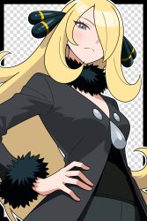  1girl absurdres black_coat blonde_hair breasts closed_mouth coat cynthia_(pokemon) fur-trimmed_coat fur-trimmed_sleeves fur_collar fur_trim grey_eyes hair_ornament hair_over_one_eye half-closed_eyes hand_on_own_hip highres long_hair long_sleeves odorukaminoke pokemon pokemon_diamond/pearl/platinum solo 