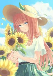  1girl absurdres animal_ears blue_eyes brown_hat closed_mouth day ear_covers febry field flower flower_field green_skirt hat highres holding holding_flower horse_ears horse_girl horse_tail long_hair looking_at_viewer orange_hair orange_tail outdoors pleated_skirt shirt short_sleeves silence_suzuka_(umamusume) skirt smile solo sun_hat sunflower sunflower_field tail umamusume upper_body white_shirt 
