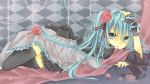  aqua_eyes aqua_hair checkered checkered_floor dress fingerless_gloves flower gloves hair_flower hair_ornament hatsune_miku headphones headset kuroi_(liar-player) lace lace-trimmed_thighhighs long_hair lying nail_polish solo thigh-highs thighhighs vocaloid 