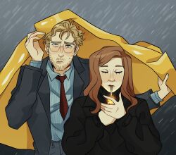  beard beard_stubble black_dress blonde_hair brown_hair cigar cigarette dress eva_stratt facial_hair formal_clothes highres holding holding_cigarette lighter lighting_cigarette messy_hair pokeparkfan project_hail_mary ryland_grace smoke smoking stubble suit 