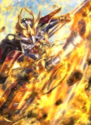  1boy armor commentary_request fire holding holding_weapon kamen_rider kamen_rider_gaim kamen_rider_gaim_(kachidoki_arms) kamen_rider_gaim_(series) shingo_(picturepuzzle) solo tokusatsu weapon 