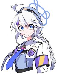  1girl ahoge armband badge blue_archive blue_eyes blue_halo blue_necktie braid crazy_eyes cropped_torso dr_yamero grey_hair hair_between_eyes hair_ornament hairclip halo hat highres jacket kirino_(blue_archive) long_hair looking_at_viewer necktie police police_hat police_uniform policewoman purple_halo shirt simple_background smile solo swept_bangs twin_braids twintails upper_body white_background white_hair white_jacket wide-eyed 