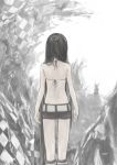  bare_back bare_shoulders belt black_hair black_rock_shooter black_rock_shooter_(character) boots checkered checkered_floor dead_master from_behind hair_down horns long_hair masuchi ruins shorts silhouette very_long_hair 