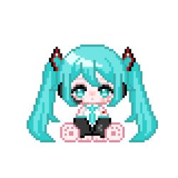  1girl :o animal_feet aqua_eyes aqua_hair aqua_necktie bare_shoulders barefoot black_skirt black_sleeves blush_stickers chibi collared_shirt commission detached_sleeves hair_between_eyes hair_ornament hatsune_miku headphones highres long_sleeves looking_at_viewer necktie parted_lips pawpads pixel_art shirt shoulder_tattoo simple_background sitting skirt sleeveless sleeveless_shirt solo straight-on tareme tattoo twintails vocaloid vyrn_(granblue_fantasy) white_background white_shirt xiao_yangrou_chuan_nie 