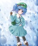  backpack bag black_legwear blue_eyes blue_hair blush gloves goggles hat kawashiro_nitori key mizuki_miyu navel pocket short_hair skirt solo touhou twintails 