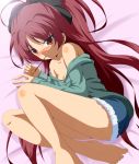  bare_legs bare_shoulders barefoot blush curled_up dr._cryptoso face feet highres long_hair lying mahou_shoujo_madoka_magica mouth_hold off_shoulder off_shoulders on_side open_clothes open_shirt pocky ponytail red_eyes red_hair redhead sakura_kyouko shirt shorts solo 