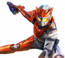  1girl a.i.m.s._shotriser animification armor commentary_request gun holding holding_gun holding_weapon kamen_rider kamen_rider_01_(series) kamen_rider_valkyrie kamen_rider_valkyrie_(rushing_cheetah) looking_at_viewer masukudo_(hamamoto_hikaru) simple_background solo tokusatsu weapon white_background 