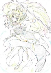  1girl absurdres antenna_hair blonde_hair capelet color_trace convenient_leg cure_arcana_shadow fighting_stance frilled_cuffs graphite_(medium) hair_intakes hatching_(texture) highres holding holding_staff kicking kitazinger linear_hatching lineart long_hair looking_at_viewer magical_girl meitantei_precure! outstretched_leg precure simple_background sketch solo staff tear_arcana_rod thigh-highs traditional_media veil white_background 