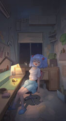  1girl absurdres air_conditioner alternate_costume blue_hair blue_skirt blue_slippers book chair chinese_commentary closed_eyes commentary_request contemporary desk desk_lamp drooling hair_bobbles hair_ornament hat highres indoors kawashiro_nitori lamp missing_headwear mouth_drool on_chair open_mouth shirt short_sleeves sitting skirt sleeping slippers socks solo swivel_chair toorooo touhou two_side_up unworn_hat unworn_headwear white_shirt white_socks window wrench 