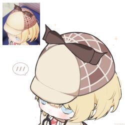  1girl blonde_hair blue_eyes bob_cut brown_capelet capelet chibi chibi_only commentary dot_nose from_above game_screenshot_inset hair_between_eyes hair_ornament hat highres hololive hololive_dreams hololive_english necktie portrait red_necktie rinrihime screenshot_inset simple_background solo sparkle speech_bubble spoken_blush virtual_youtuber watson_amelia watson_amelia_(1st_costume) white_background yurie_mouth 
