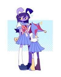  2girls colored_sclera commentary crepessuzzettes hat hat_bell highres jax_(female)_(the_amazing_digital_circus) jax_(the_amazing_digital_circus) jester_cap multiple_girls pleated_skirt pomni_(the_amazing_digital_circus) school_uniform serafuku skirt socks the_amazing_digital_circus yellow_sclera 