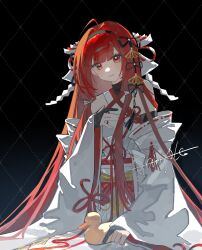  1girl absurdres ahoge artist_name bare_shoulders bell bird black_background closed_mouth code:_dragon_blood commission dragon_raja_(jiang_nan) duck english_text fanzui_xianyiniao hair_intakes hair_ornament hair_ribbon hairband hand_on_own_chest highres japanese_clothes kimono long_hair long_sleeves looking_at_viewer red_eyes red_hair ribbon sitting smile solo uesugi_erii very_long_hair white_kimono wide_sleeves 