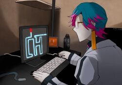  1boy beatmania_iidx bemani black_nails blue_hair coat commentary_request computer computer_keyboard dr._phi earrings fingernails highres indoors jewelry long_sleeves male_focus monitor multicolored_hair pink_hair prop_is_god scary_maze_game short_hair solo table two-tone_hair upper_body white_coat 