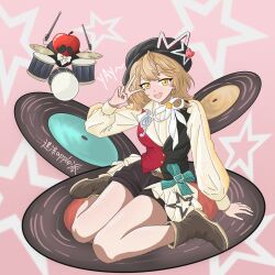  1girl :d apple apple_(reverse:1999) artist_name black_hat black_shorts black_vest boots bow bowtie brown_boots brown_hair drum drum_set drumsticks fake_facial_hair fake_mustache food fruit full_body geye_apple_pai hand_up hat highres instrument looking_at_viewer neck_ribbon official_alternate_costume open_mouth orange_eyes pink_background red_vest regulus_(reverse:1999) reverse:1999 ribbon shirt short_hair shorts sitting smile solo star_(symbol) star_symbol_background teeth traditional_bowtie two-tone_vest upper_teeth_only v vest vinyl_record wariza white_bow white_bowtie white_ribbon white_shirt 