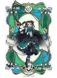  1girl :d aqua_dress artist_name bad_id bad_pixiv_id black_boots black_dress black_haori black_pantyhose boots brown_eyes brown_hair commentary_request dress fishing_rod frilled_boots frilled_dress frills full_body gradient_haori grey_haori haori haori_on_shoulders highres holding holding_fishing_rod japanese_clothes kazayama_kizuna knee_boots leg_up legendary_hunting_tool_(fishing_rod)_(tate_no_yuusha_no_nariagari) legendary_hunting_tool_(tate_no_yuusha_no_nariagari) legendary_shield_(small_shield)_(tate_no_yuusha_no_nariagari) legendary_shield_(tate_no_yuusha_no_nariagari) long_sleeves looking_at_viewer medium_dress minami_seira multicolored_dress official_artist_extra open_mouth pantyhose simple_background smile solo standing standing_on_one_leg tate_no_yuusha_no_nariagari twitter_username two_side_up watermark white_background white_dress 