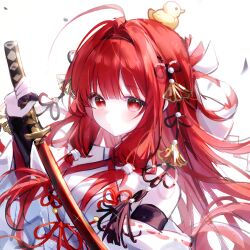  1girl ahoge bird blush code:_dragon_blood detached_sleeves dragon_raja_(jiang_nan) duck hair_intakes hair_ornament highres holding holding_sword holding_weapon japanese_clothes katana long_hair looking_at_viewer red_eyes red_hair solo sword uesugi_erii weapon white_background zhaixi_maomao 