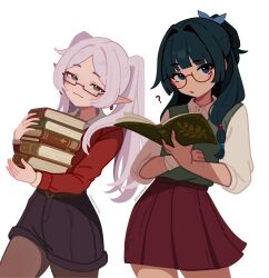  2girls ? absurdres artist_name bare_legs beads belt bespectacled blue_eyes blush_stickers book casual collared_shirt commentary contemporary cowboy_shot denim denim_shorts earrings elf english_commentary eyelashes flat_color frieren glasses green_eyes green_hair green_vest hair_beads hair_ornament hair_ribbon half_updo head_tilt highres holding holding_book jacket jewelry kusuriya_no_hitorigoto long_hair long_sleeves looking_at_viewer maomao_(kusuriya_no_hitorigoto) miniskirt multiple_girls multiple_scars no_freckles pantyhose pantyhose_under_shorts parted_bangs petite pleated_skirt pointy_ears red-framed_eyewear red_jacket red_skirt ribbon scar scar_on_arm semi-rimless_eyewear shirt shorts skirt sleeves_pushed_up smug sousou_no_frieren sweater_vest teardrop_earrings twintails twitter_username vest vivianvalenart white_background white_hair white_shirt wing_collar 