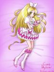  blonde_hair boots bow brooch character_name choker cure_rhythm earrings frills green_eyes hair_ribbon heart high_heels jewelry long_hair magical_girl minamino_kanade precure ribbon ruriruri shoes skirt smile solo suite_precure wrist_cuffs 