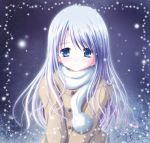  blue_eyes blue_hair blush coat copyright_request long_hair scarf smile snow solo yuunagi_yuu 