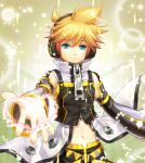  aqua_eyes blonde_hair blue_eyes detached_sleeves earphones foa_(vocaloid) headphones kagamine_len kagamine_len_(append) light_smile male navel outstretched_arm outstretched_hand ponytail short_hair solo trans_nido vocaloid vocaloid_append 