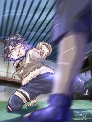  1boy 1girl absurdres arm_support black_hair brown_jacket byakugan commentary dated english_commentary forehead_protector fur-trimmed_jacket fur_trim highres hyuuga_hinata hyuuga_neji jacket kicking motion_blur nanimook_kore naruto_(classic) naruto_(series) open-toe_shoes scene_reference signature veins white_eyes 
