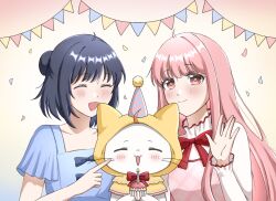  2girls ^_^ ahoge animal birthday black-haired_stylist_(shining_nikki) black_hair bloom_poetry_(shining_nikki) blue_bow blue_dress blue_hat bow bow_button bowtie brown_eyes candle cat cheek_poking cloak closed_eyes closed_mouth clothed_animal collarbone collared_shirt colored_eyelashes commentary confetti cupcake dot_nose dress ear_covers english_commentary fire food frilled_cloak frilled_shirt_collar frilled_sleeves frills garland_(decoration) hair_bun happy hat highres holding holding_food hood hood_up hooded_cloak light_blush lips long_hair long_sidelocks long_sleeves momo_(nikki) multiple_girls nikki_(nikki) nikki_(series) nonoberry22 party_hat pinafore_dress pink_dress pink_hair plaid_clothes plaid_dress pleated_sleeves poking pom_pom_(clothes) red_bow red_bowtie red_hat shining_nikki shirt short_hair short_sleeves sidelocks single_side_bun sleeveless sleeveless_dress smile square_neckline striped_clothes striped_headwear stylist_(nikki) tareme two-tone_headwear upper_body very_long_hair waving wavy_hair white_cat white_shirt yellow_background yellow_cloak 
