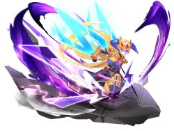  1girl absurdres aizeis arm_cannon armor armored_boots assault_visor b-densetsu!_battle_b-daman belt biometal blonde_hair body_armor bodysuit boots chest_jewel commission commissioner_upload covered_abs elf_(mega_man_zx_prequel) energy energy_wings fake_horns fighting_stance forehead_jewel full_body gauntlets gloves helio_breaker helmet highres hip_armor horned_helmet horns long_bangs long_hair mega_man_(series) mega_man_zx non-web_source shoulder_armor solo thighs transparent_background weapon 