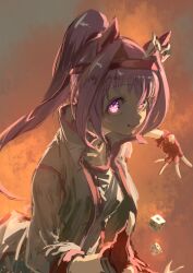 1girl animal_ears bow breasts dice ear_bow ear_covers fingerless_gloves flower-shaped_pupils flower_in_eye gloves haru_urara_(bestest_prize)_(umamusume) haru_urara_(umamusume) headband highres horse_ears horse_girl horse_tail inishie_kumo jacket long_hair parted_lips pink_hair pink_headband ponytail red_gloves red_headband shirt small_breasts smile solo symbol-shaped_pupils symbol_in_eye tail umamusume white_jacket white_shirt 
