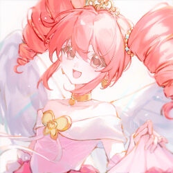  1girl angel_wings artist_request beads butterfly_brooch chinese_commentary choker commentary_request commission dot_nose dress drill_hair earrings elbow_gloves eyelashes feathered_wings fine_(futagohime) fine_(grand_universal_princess)_(futagohime) frilled_gloves frills fushigiboshi_no_futago_hime gloves gold_choker gold_earrings gold_tiara gown hair_beads hair_between_eyes hair_ornament happy heart heart_earrings highres holding_own_dress jewelry light_particles long_dress looking_at_viewer magical_girl medium_hair mini_tiara off-shoulder_dress off_shoulder open_mouth pink_dress pink_eyes pink_gloves pink_ribbon princess red_hair ribbon second-party_source short_sleeves sidelocks simple_background smile solo spread_wings tiara twin_drills twintails upper_body white_background white_sleeves white_wings wings 