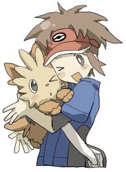  >_o 1boy bag black_bag black_jacket blue_jacket blush_stickers brown_eyes brown_hair cheek-to-cheek collared_jacket dot_nose hat heads_together holding holding_pokemon jacket lillipup looking_at_another magainu male_focus medium_hair multicolored_jacket nate_(pokemon) one_eye_closed open_mouth pokemon pokemon_(creature) pokemon_black_2_and_white_2 red_hat shoulder_bag simple_background smile visor_cap white_background 