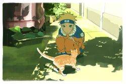  1boy blonde_hair blue_eyes blue_headband blue_shoes border cat dappled_sunlight facial_mark full_body headband highres jumpsuit konohagakure_symbol looking_at_another male_focus naruto_(classic) naruto_(series) orange_jumpsuit outdoors paii810 shoes short_hair spiky_hair squatting sunlight uzumaki_naruto whisker_markings white_border 