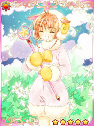  1girl ^_^ animal_hood antenna_hair bell brown_hair cardcaptor_sakura clamp_(circle) closed_eyes coat cowboy_shot flower fur-trimmed_shorts fur_trim holding holding_wand hood horns hoshi_no_tsue kinomoto_sakura kinomoto_sakura_(fluffy_sheep) mittens neck_bell official_art open_mouth pink_coat puffy_shorts sheep_hood sheep_horns short_hair shorts smile solo third-party_source wand white_flower yellow_mittens 
