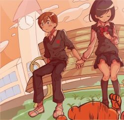  1boy 1girl analog_clock bench black_hair blush bow bowtie brown_hair clock clock_tower closed_eyes hetero holding_hands kohai_(rhythm_tengoku) koshianpancake pants rhythm_tengoku school school_uniform senpai_(rhythm_tengoku) shirt short_hair sitting skirt socks surprised sweater_vest tower 