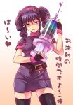  black_legwear dress drill_hair e20 fingerless_gloves gloves hat large_syringe malariya nurse nurse_cap original oversized_object payot purple_eyes purple_hair quiz_magic_academy syringe thigh-highs thighhighs twin_drills twintails violet_eyes zettai_ryouiki 