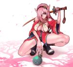 breasts cherry_blossoms cleavage eyepatch footwear green_eyes hair_over_one_eye lack legs nail_polish original petals pink_hair pointy_ears sandals socks solo spread_legs squatting sword thighs weapon 