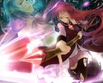  2girls artist_request bare_shoulders blue_hair closed_eyes detached_sleeves dress long_hair magical_girl mahou_shoujo_madoka_magica miki_sayaka polearm red_hair sakura_kyouko smile source_request spear weapon yellow_eyes 