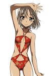  428 arm_up armpits brown_eyes brown_hair canaan canaan_(character) flat_chest navel o-ring_top one-piece_swimsuit onizuka_takuto simple_background smile solo swimsuit 