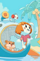  1girl :d animal antennae arm_up artist_name beach bird black_eyes blue_sky blush blush_stickers boat clouds coconut coconut_tree day dog duck furry furry_female headphones looking_at_another master_(rhythm_tengoku) monyorun no_humans ocean ondoku-chan open_mouth orange_hair outdoors palm_tree pink_shirt red_shirt rhythm_tengoku rhythm_tengoku_miracle_stars robot sand shirt short_hair short_sleeves skirt sky smile tree twitter_username water watercraft wings 