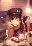  blueprint blurry book breasts brown_eyes brown_hair cup depth_of_field face hands hat kirenenko lamp lips lying mouth_hold mug on_stomach original pantyhose pen plush pocky revised revision short_hair solo stereo toy train uniform usavich vania600 wink 