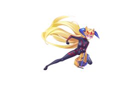  1girl absurdres aizeis arm_cannon assault_visor b-densetsu!_battle_b-daman biometal blonde_hair bodysuit breasts commission commissioner_upload covered_abs elf_(mega_man_zx_prequel) fake_horns fighting_stance forehead_jewel full_body helio_breaker helmet highres horned_helmet horns long_bangs long_hair medium_breasts mega_man_(series) mega_man_zx no_armor non-web_source solo thighs transparent_background weapon 