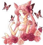  adult bishoujo_senshi_sailor_moon butterfly chibi_usa child double_bun earrings facial_mark flower forehead_mark frills hanarain jewelry long_hair moon pink pink_hair pink_rose princess red_eyes red_rose rose small_lady_serenity smile solo twintails white_background 
