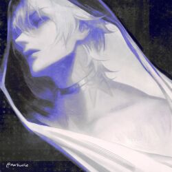  1boy black_background choker collarbone commentary dutch_angle english_commentary hair_behind_ear highres honkai:_star_rail honkai_(series) hood hood_up male_focus marbunniie medium_hair neck_tattoo parted_bangs parted_lips phainon_(honkai:_star_rail) profile solo sun_symbol sun_tattoo tattoo twitter_username upturned_eyes 