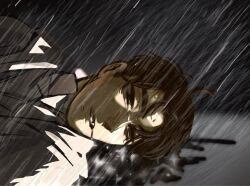  1boy alien_stage black_blood black_hair blood blood_from_mouth blood_on_ground coat colored_blood commentary english_commentary farbtron grey_background highres ivan_(alien_stage) lying male_focus on_side rain shirt short_hair solo thick_eyebrows very_short_hair white_coat white_shirt 