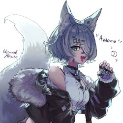  1girl animal_ear_fluff animal_ears aqua_eyes artist_name bandaid bandaid_on_face bandaid_on_nose black_nails blush claw_pose commentary elira_pendora elira_pendora_(6th_costume) english_commentary fangs fingerless_gloves fingernails fur-trimmed_jacket fur_trim gloves hair_over_one_eye half-jacket highres jacket long_fingernails looking_at_viewer midriff nijisanji nijisanji_en off_shoulder open_mouth short_hair signature single_claw_pose solo tail utsusemi_karasu virtual_youtuber wolf_ears wolf_tail 
