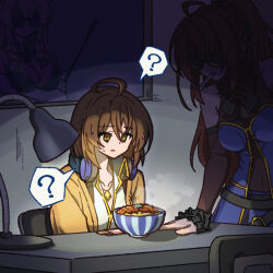  2girls ? ahoge assault_lily belt black-framed_eyewear black_belt black_bow black_bowtie blue_shirt blue_skirt bow bowtie breasts brown_cardigan brown_eyes brown_hair brown_shirt candy candy_cigarette cardigan chair chopsticks closed_mouth collared_shirt commentary covered_navel dark desk desk_lamp detached_sleeves digamma food food_in_mouth hair_between_eyes headphones headphones_around_neck jewelry katsudon_(food) kawamura_yuzuriha lamp long_hair long_sleeves looking_at_food medium_breasts multiple_girls necklace odaiba_girls_high_school_uniform on_chair open_cardigan open_clothes orion_cocoa_cigarettes parted_lips pendant picture_frame polka_dot polka_dot_bow polka_dot_bowtie portrait_(object) saigou_kurena school_uniform shade shirt short_hair sitting skirt sleeves_past_wrists speech_bubble spoken_question_mark steam steaming_food sunglasses sweatdrop white_shirt yokoyama_azusa 