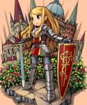  armored_dress blonde_hair breastplate castle character_request copyright_request diorama face full_armor gauntlets gloves goe helmet knight long_hair paladin paladin_(sekaiju) sekaiju_no_meikyuu shield solo standing sword weapon 