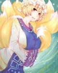  bad_id blonde_hair blush breast_hold breasts bust fox_tail hands_in_sleeves hat kazu_(mayonakatv) large_breasts multiple_tails orange_eyes short_hair solo surcoat tail taut_shirt touhou yakumo_ran 