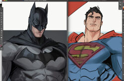  2boys bat_mask batman batman_(series) batman_symbol black_cape black_hair blue_bodysuit bodysuit cape clark_kent commentary dc_comics english_commentary grey_bodysuit highres maerel_hibadita male_focus multiple_boys red_cape short_hair superhero_costume superman superman_(series) superman_logo unfinished 
