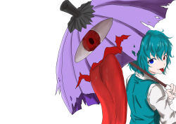  1girl absurdres aika_workshop blue_eyes commentary_request from_behind from_side green_hair heterochromia highres holding holding_umbrella karakasa_obake looking_at_viewer looking_back purple_umbrella red_eyes shirt simple_background solo tatara_kogasa tongue tongue_out torn_umbrella touhou umbrella undefined_fantastic_object upper_body white_background white_shirt 