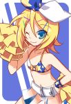  aqua_hair belt bikini bikini_top blonde_hair cheerleader hair_ornament hair_ribbon hairclip kagamine_rin midriff navel negi_(ulogbe) pom_poms ribbon see-through short_hair skirt smile solo swimsuit ulogbe vocaloid wink 